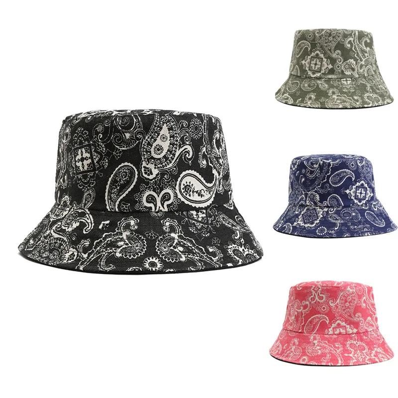 

Bandana Print Bucket Hat for Men Women Cashew Blossom Double Faced Beach Cap Summer Fashion Sunshade Hat sided Basin Sun Hat