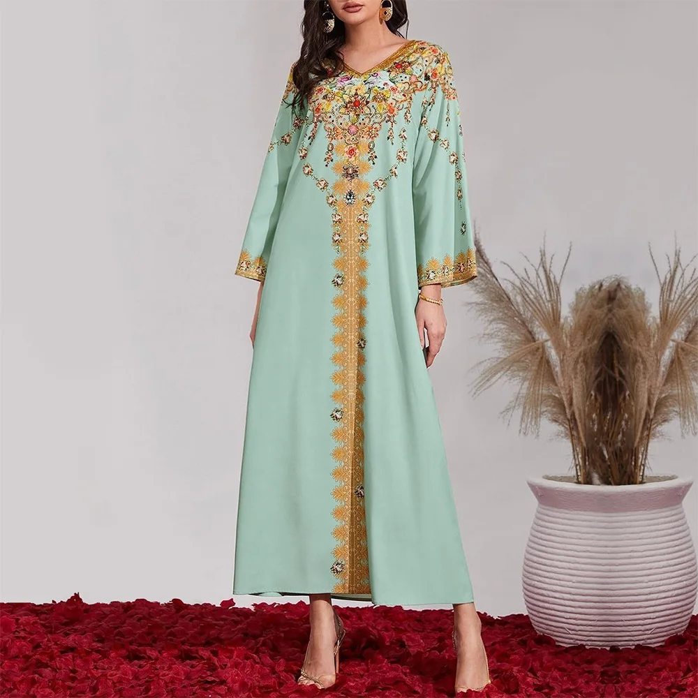 

Floral Print Abaya Light Green Long Dress for Muslim Women Eid Fashion V Neck Kaftan Islamic Loose Robe Jalabiya Dubai Turkish