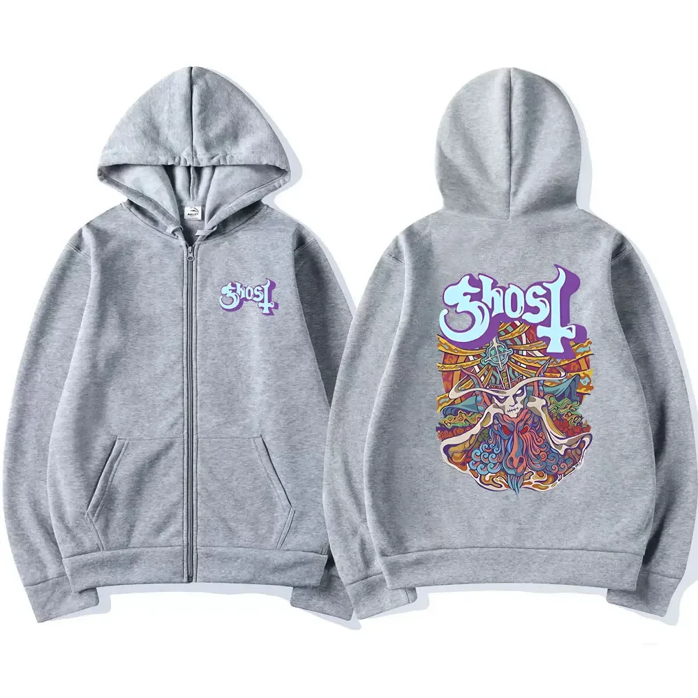 Ghost Band Graphic Zipper Hoodie Men's Women's Fashion Cartoon Zip Up Hooded Sweatshirt Street Vintage Hip Hop Oversized Hoodies