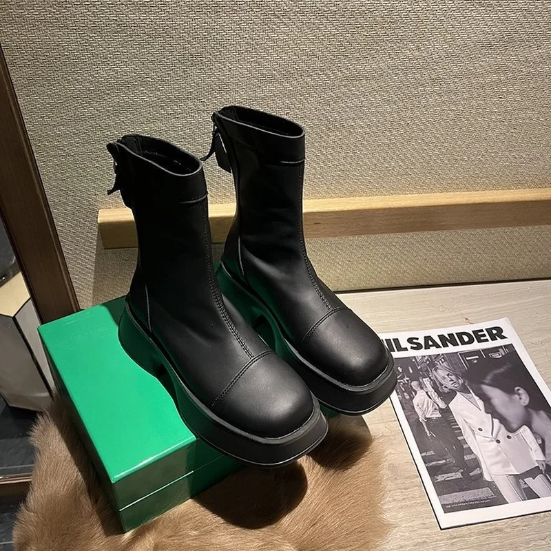 Thick-soled Boots Female Autumn Chelsea Boots Female Round Head 2022 Female Roman Style PU Leather Luxury Designer Women's Boots