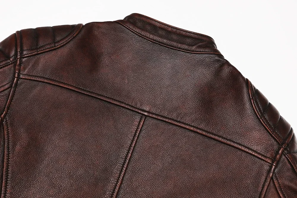 Genuine Leather Motorcycle Jacket - Vintage Brown Cowhide Biker Coat for Men