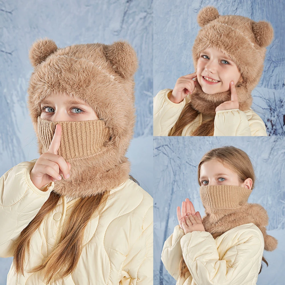 HT4527 Cute Ears Winter Hat Scarf Mask for Kids Soft Fleece Snow Ski Earflap Cap Child Hat with Scarf Mask Boys Girls Winter Set