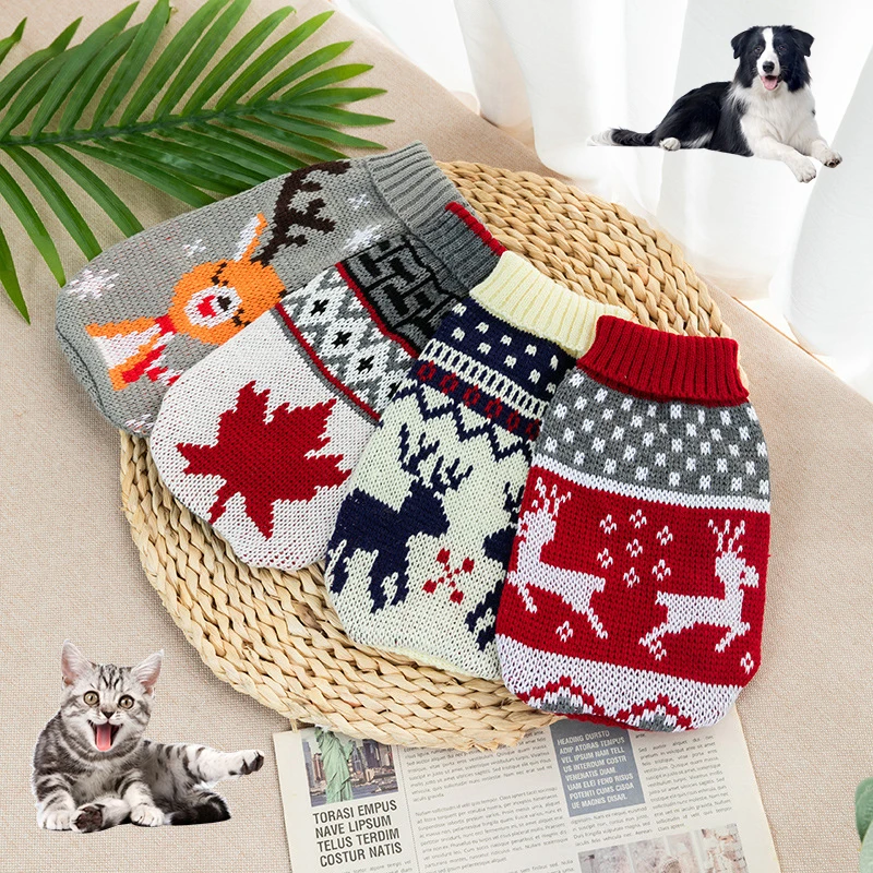 Pet Sweater Dog Christmas Thicken Knitted Sweater Dog Cat Winter Keep Warm Clothes Elk Leaf Pattern Coats Universal High Collar