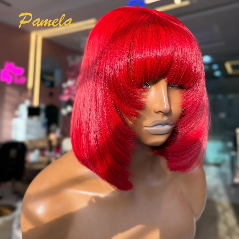 400 Density Short Straight Bob Red Color Human Hair Wig 13x4 Transparent Lace Front Human Hair Gluless Wig Ready To Wear