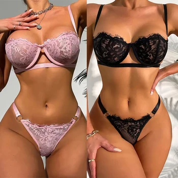 Lingerie sexy in pizzo da donnaIntimo trasparente Set di slip con ricamo fata Kit reggiseno delicato Set di breves push up Reggiseni erotici sottili 1