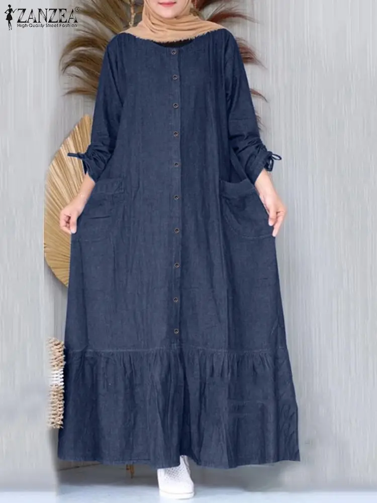 

Винтажное мусульманское платье макси, элегантные женские платья с оборками, 2024 ZANZEA, повседневные платья с длинным рукавом и пуговицами, халат, Турецкая абайя