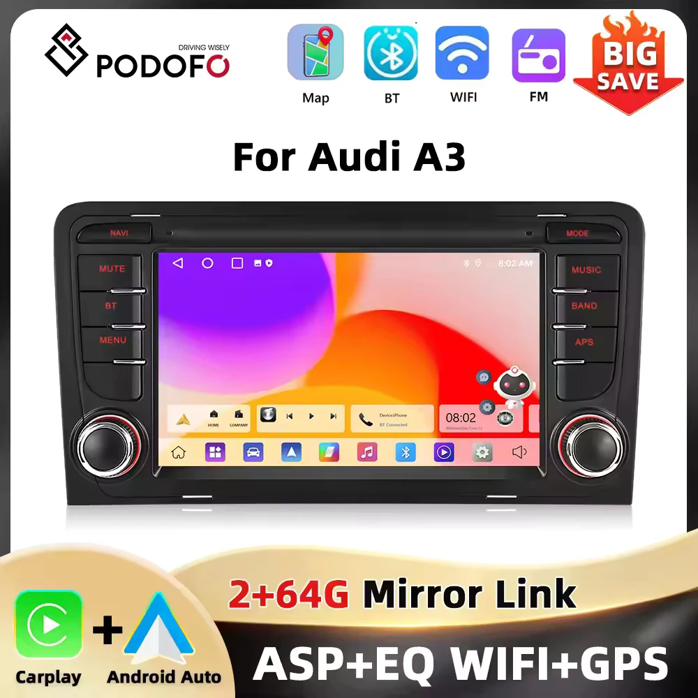 Podofo 7 ''2Din Radio de coche para Audi A3 8P reproductor Multimedia navegación GPS Carplay Android Auto BT WIFI EQ FM/RDS 2 + 64G Audio de coche 1