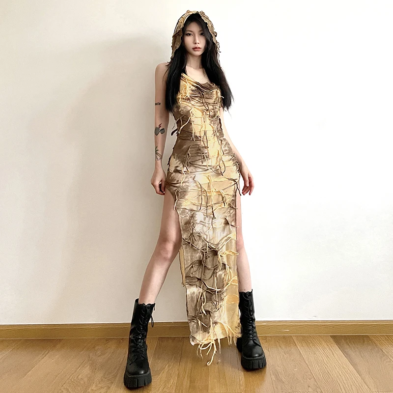 

Waste Soil Style Sexy Hooded Sleeveless Dress Women's Slim Fit Slimming Sense of Design Split Long Dress Summer Thin Skirt