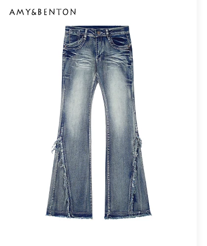 Autumn New American Retro High Waist Washed Jeans Women Fashion Bleached Slim Sexy Flare Pants Denim Trousers Girls
