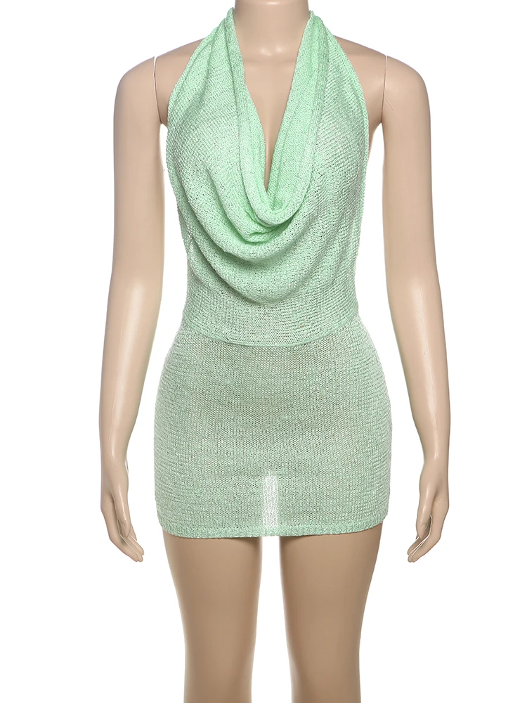 Nibber Summer Trend Crochet Thin Sexy Dress Women Y2K Sleeveless Backless Halter Swing Collar Vacation Midnight Mini Bodycon