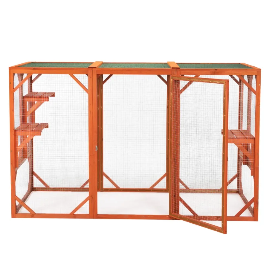 Wooden Cat House Outdoor Cage Waterproof Asphalt Planks Cat Perches Orange