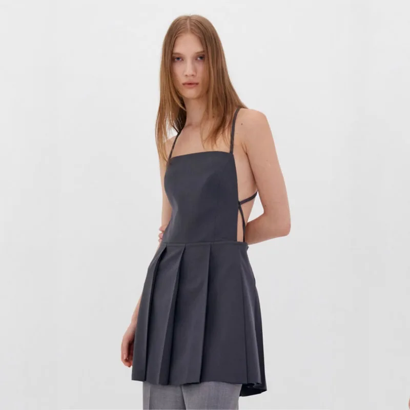 

L0W CL@SS1C 24ss Ladies Casual Halter Dress Women Backless Sexy Back Tie Pleated Skirt A-Line Skirt Top Streetwear Mini Dress