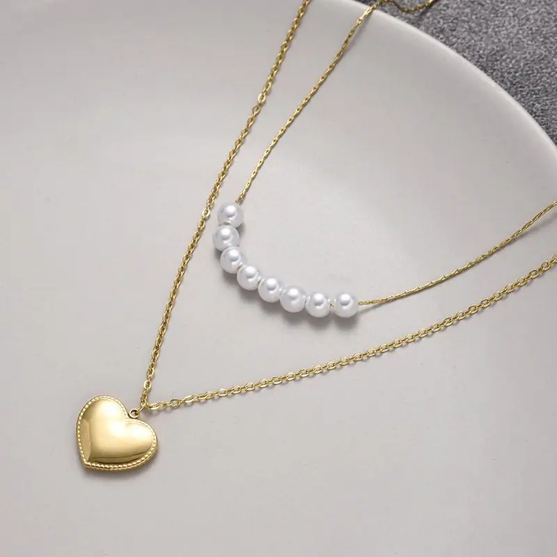 

Multilayer Gold Color Women Necklace Heart Shaped Pendant Elegant Pearl Choker Necklaces Gold Chain For Girl Jewelry