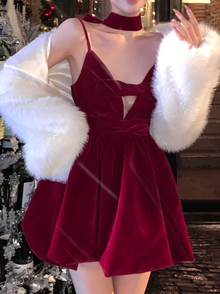 

Sexy Velvet Short Dress Women Bow Red Vintage Sweet Party Dress Female Sleeveless Korean Fairy Mini Evening Dress Winter 2023