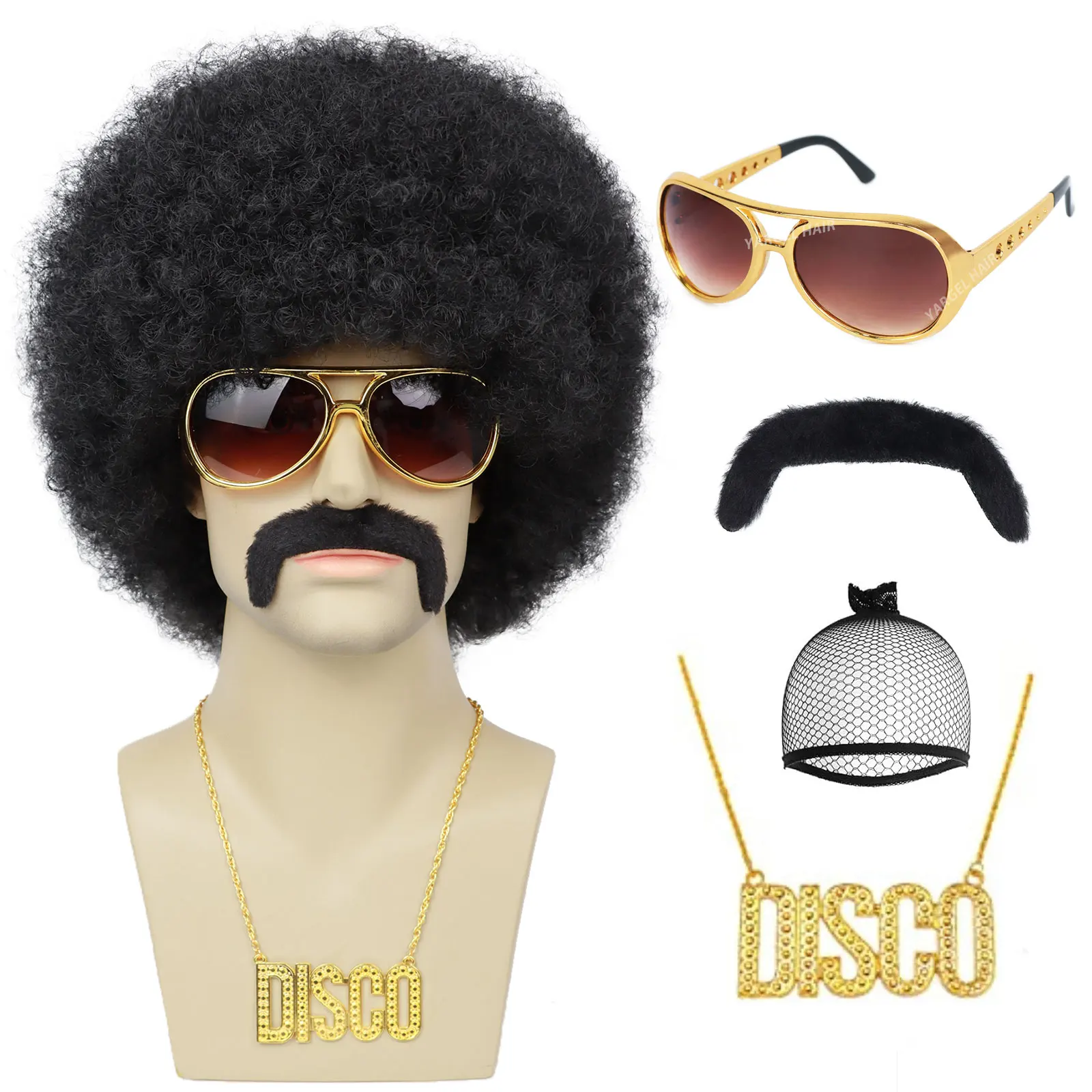 5pcs Set Mens Synthetic Afro Puff Wig for 70s 80s Rocker Disco Party Halloween Costume Cosplay Party Use