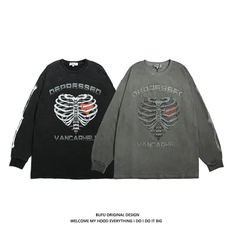 Oversize Pullover T-Shirt Hip Hop Streetwear Sternum Heart Print T Shirt Harajuku Cotton Loose Tshirt Long Sleeve Tops