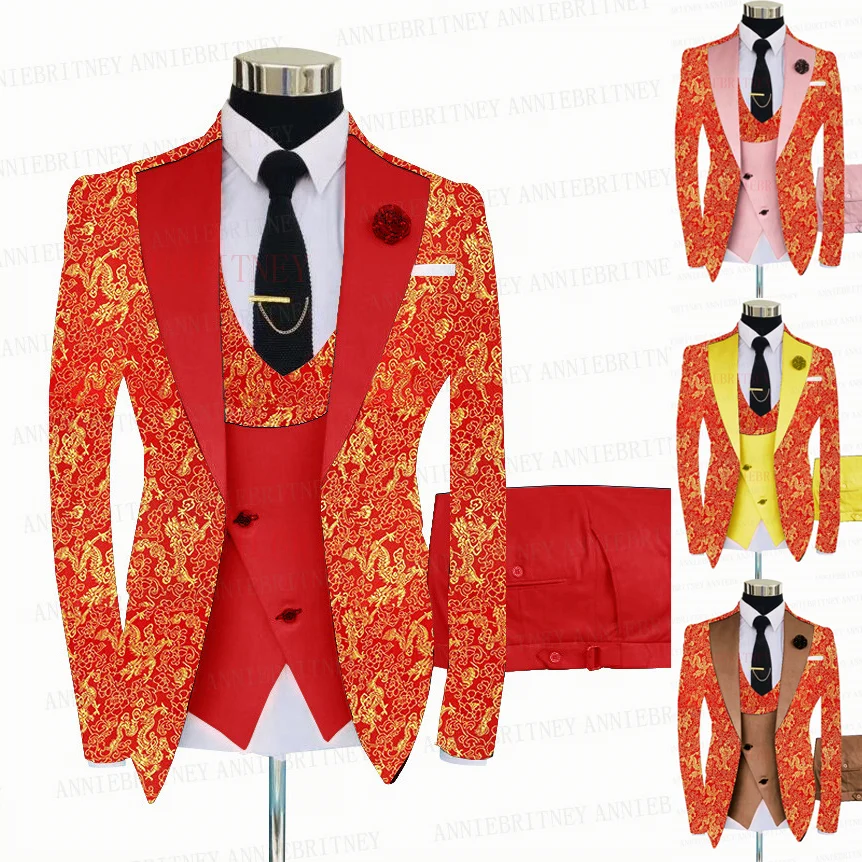 Red Floral Printed Suit Men 3 Pieces Gold Groom Wedding Suit Tuxedo Slim Fit Shiny Blazer Double Breasted Vest Pants Set