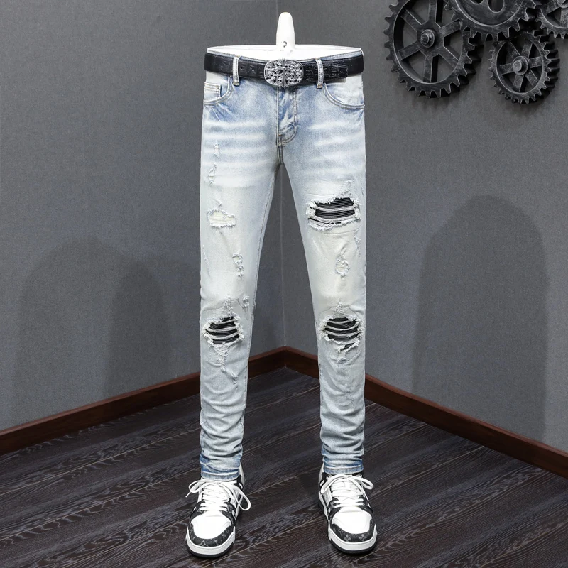 High Street Fashion Men Jeans Retro Light Blue Stretch Skinny Fit Ripped Jeans Men Leather Patched Designer Hip Hop Brand Pants