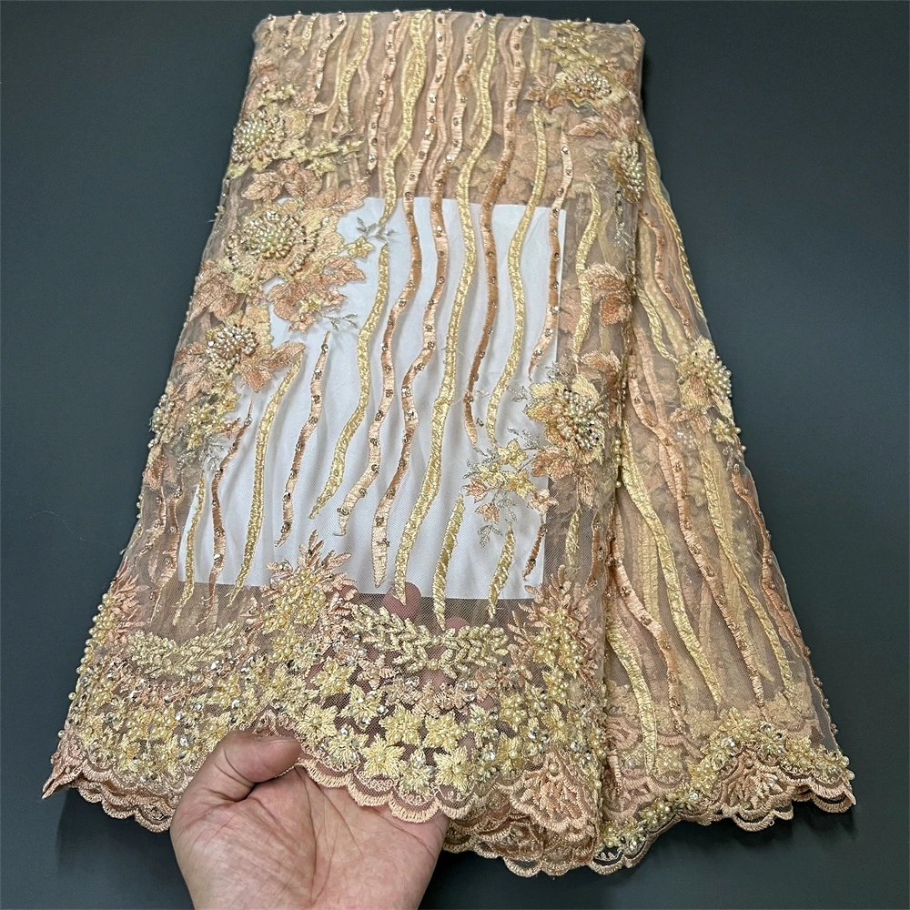 

African Nigerian Tulle Lace Fabric,High Quality，Sequins EmbroideryBeaded, French GuipureWedding Party Dress, 5Yards, 2024