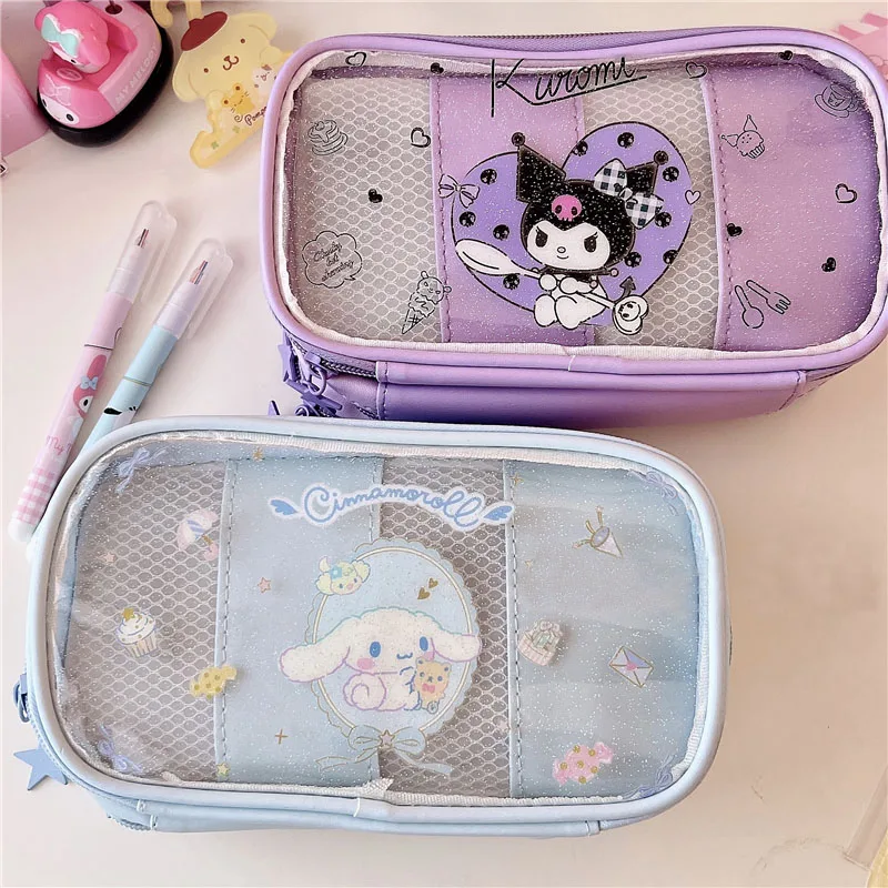 

Sanrioed мультфильм Kuromi Kawaii трехслойный пенал на молнии Ins девушка сердце Коричный школьный полиуретан канцелярские принадлежности Пенал подарки