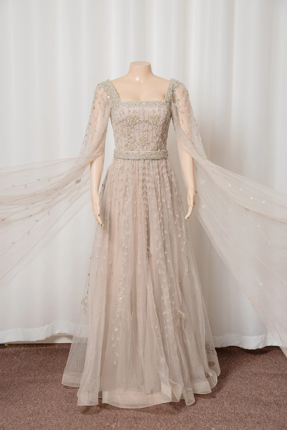 

Square Collar Pearls Sequined Evening Dresses Cape Sleeve Elegant Tulle Beading A Line Formal Party Prom Gowns Vestido De Fiesta