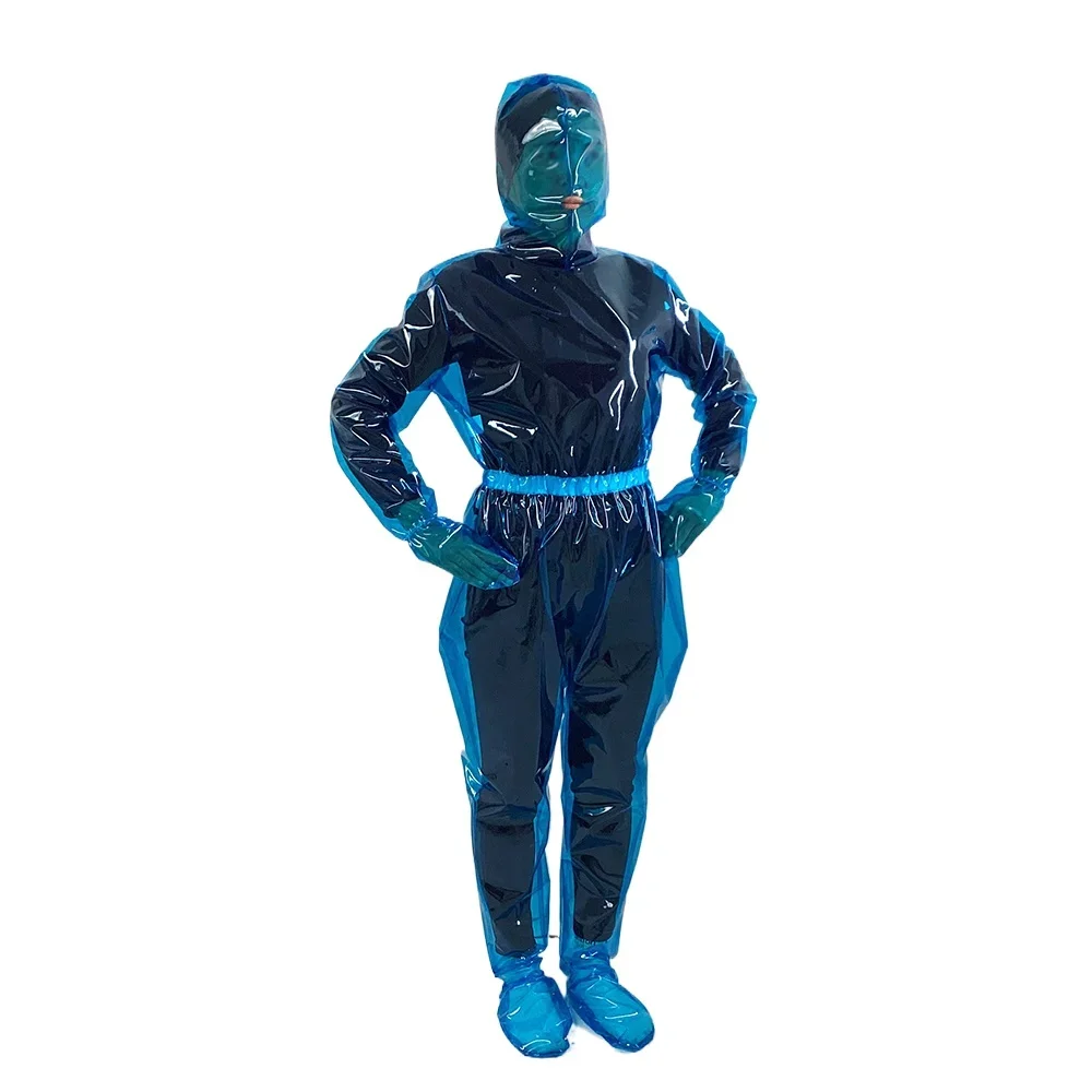 Fetish Plastic Full Body Suit Sexy See-through Clear PVC Long Sleeve Hooded Jumpsuit for Halloween Party Cosplay Costume