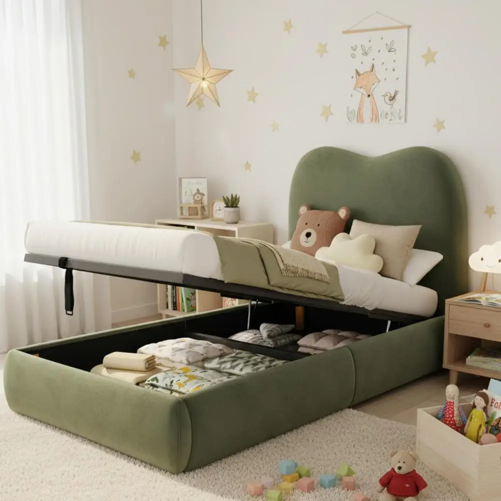90 x 200 cm modernes Polsterbett, Babybett, hydraulisches Funktionsbett, Bett mit Gitterrost, Kopfteil und großem Stauraum – Detail 35