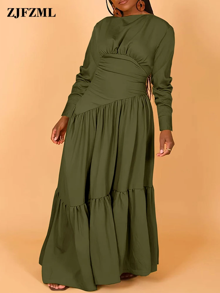 

Solid Color Nylon Ruched Flowy Lounge Dresses for Women Crew Neck Long Sleeve Loose Fit Maxi Dress Stretchy Vestidos Daily Wear
