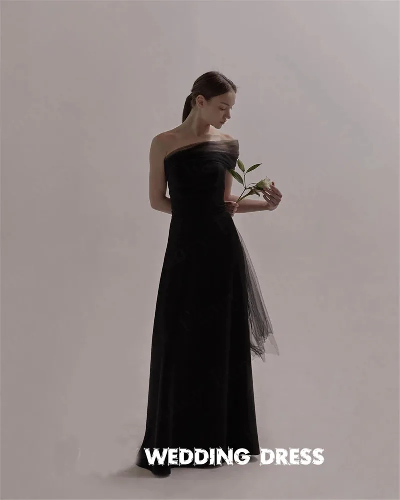 OLOEY Simple Black Strapless Korea Wedding Dress A Line Soft Satin Bridal Gown Sleeveless Flower Length Corset Back 2