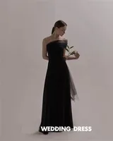 OLOEY Simple Black Strapless Korea Wedding Dress A Line Soft Satin Bridal Gown Sleeveless Flower Length Corset Back 2