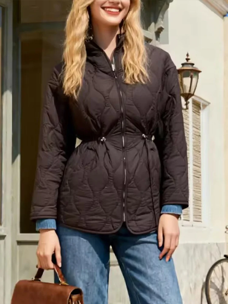 Autumn Winter Women Vintage Padding Parka Coat Waist Lace-up Hooded Jacket Coats 2025 New Fashion Female Casual Loose Outerwear