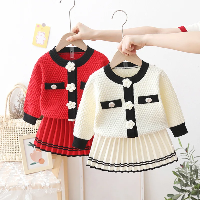 

Baby Girls Sets Children'S Clothing Autumn Winter Suit Flower Knit Cardigan Sweater+ Short Skirt 2pcs Kids Outfits