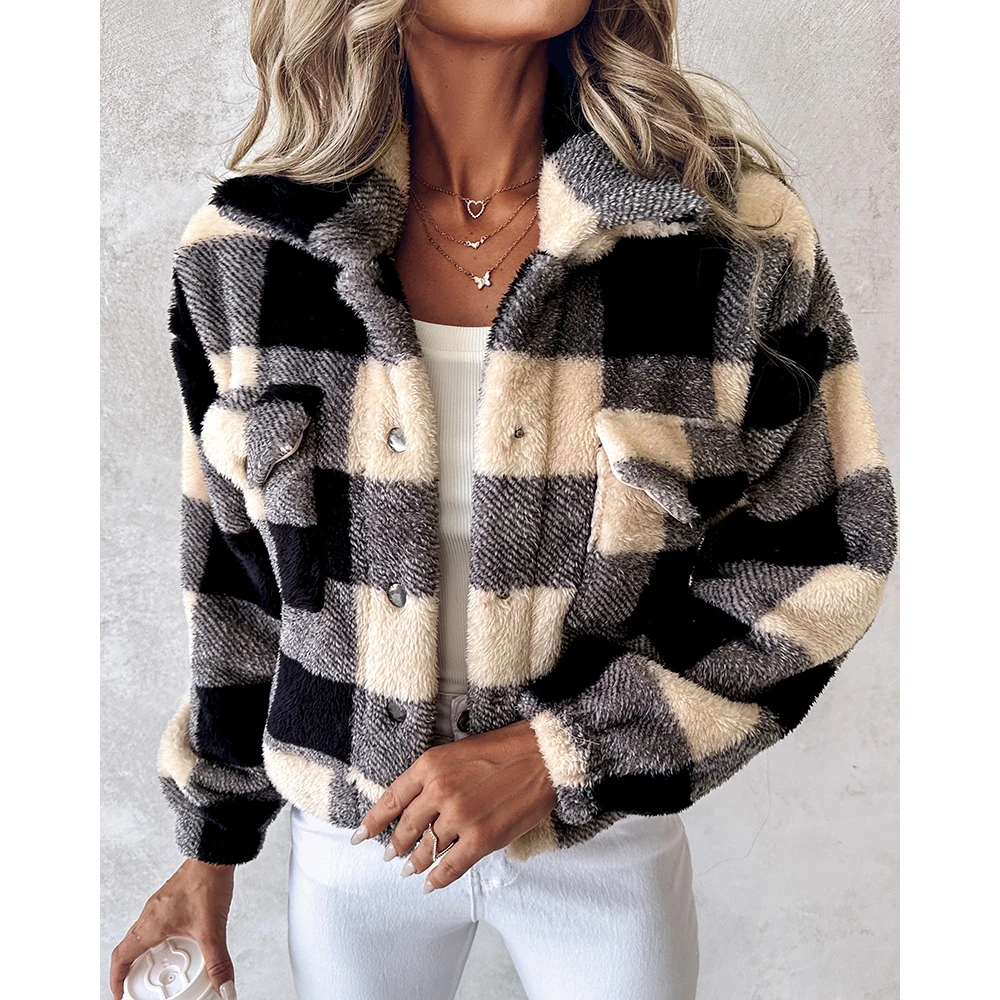 Autumn Winter Casual Women Plaid Print Colorblock Fleece Teddy Long Sleeve Coat Femme Pocket Design Turn-down Collar Jackets