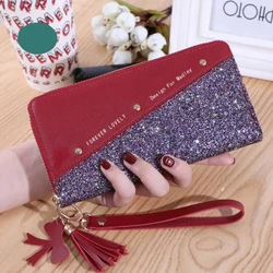 Elegant Women's Glitter Zipper Wallet with Tassel and Rivet Accents (Red)