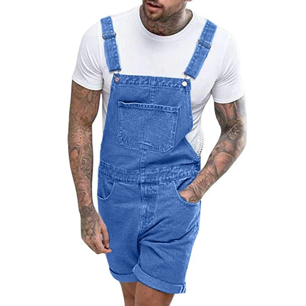 Men's Vintage Jeans Overalls Solid Color Elastic Denim Jumpsuit With Pockets Men Summer Casual Button Suspenders Short Pants men jeans denim pants