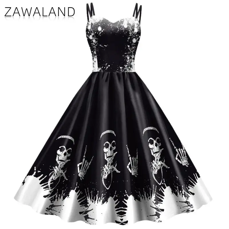 Cosplay Costume Girls Party Dress Zawaland Halloween Fancy Skeleton Rose Print Women Dress Girl Carnival Party Dresses Female Goth Horror Costume Rockabilly Dress