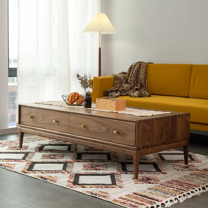 

Coffee Table Black Walnut Wooden Tea Table Living Room Four-Drawer Storage Coffee Table Nordic and Japanese Style Tea Table