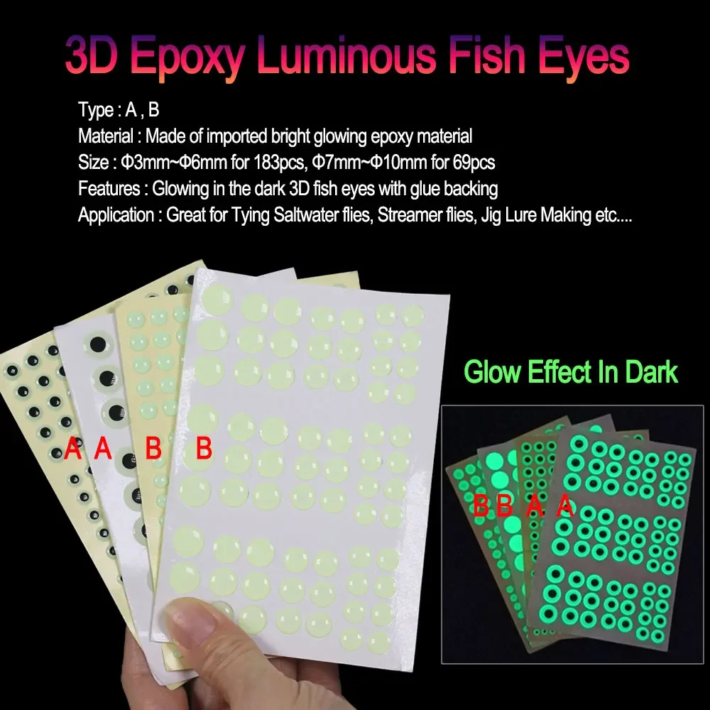 Bimoo 69pcs/183pcs Mix 3D Epoxy Luminous Fish Eyes 3D Night Glow Fish Eyes for Tying Streamer Saltwater Flies Jig Fishing Lures fishing lure fly tying thread fly tying beads