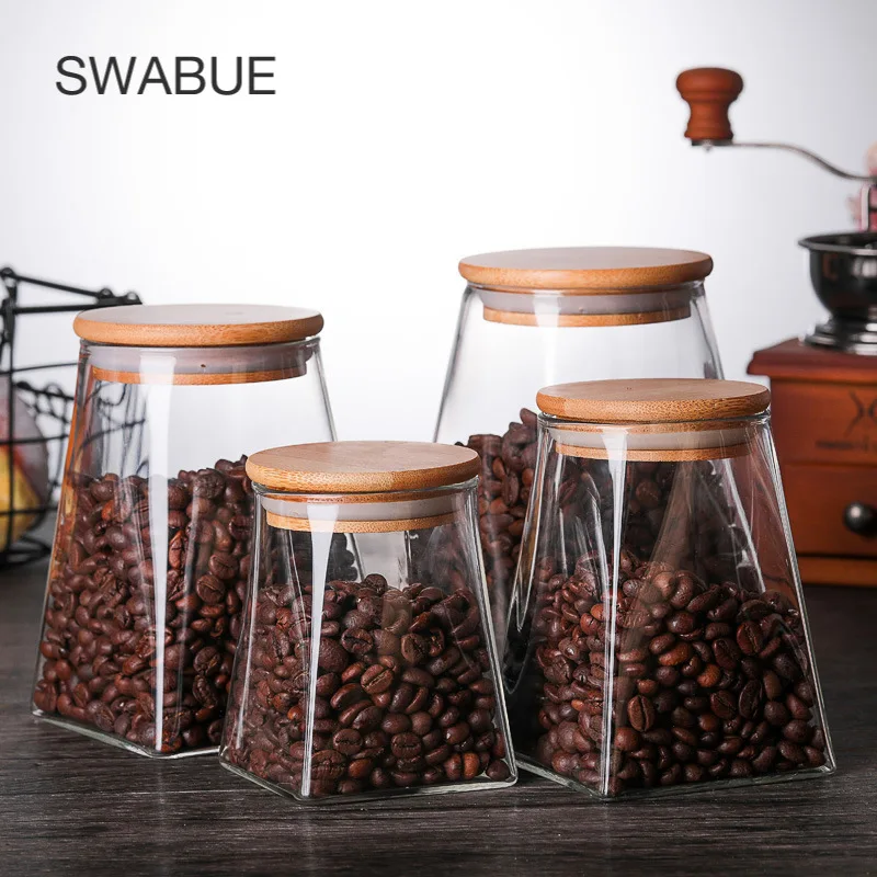 350ml/500ml/750ml/950ml Coffee Bean Tea Sugar Candy Fruit Jar Glass Container Storage Kitchen Container Wood Lid Cover Bottle