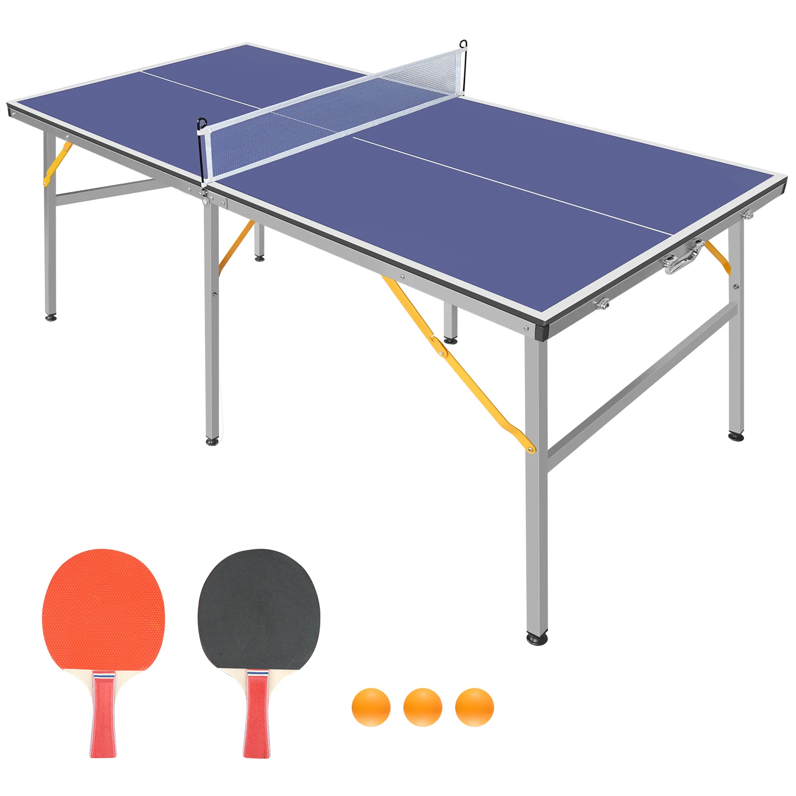 6 ft Blue Foldable Table Tennis Table Set, Portable Ping Pong Table with Net, 2 Paddles and 3 Balls