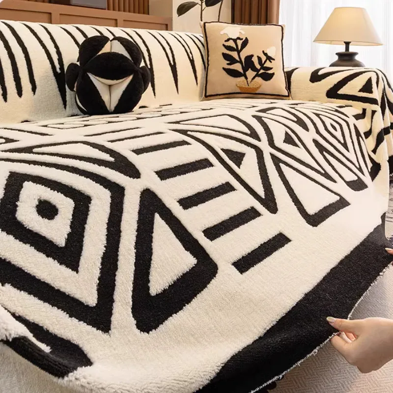 Geometric Patterns Thickened Winter Plush Warm Sofa Cover Durable Couch Cushion for Living Room Furniture Dust-proof Blanket 4