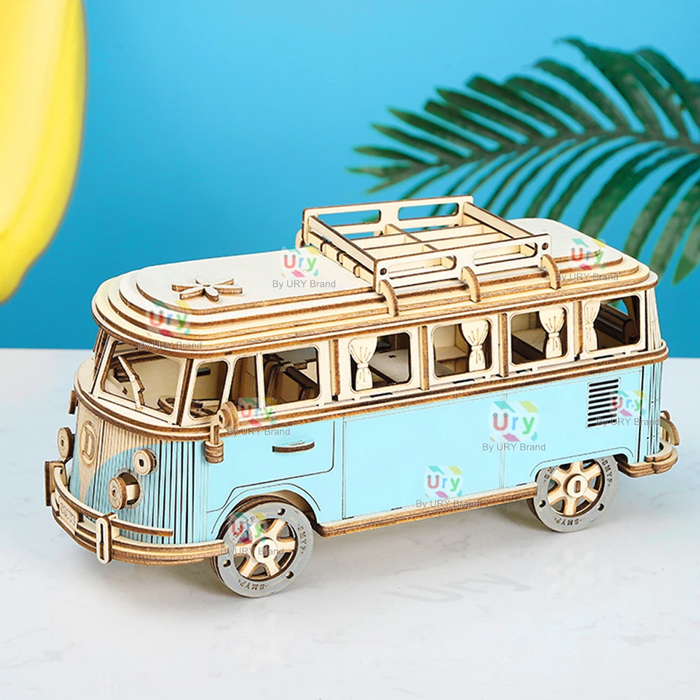 Wooden Puzzle Toys 3D Retro Camping Car Bus Assembly Model for Kid Adult