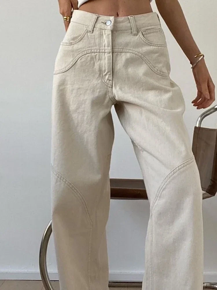 Deeptown Beige Jeans Women Denim Vintage Baggy Casual Trousers High Waist Wide Leg Pants Classic Streetwear Fashion Retro Ladies