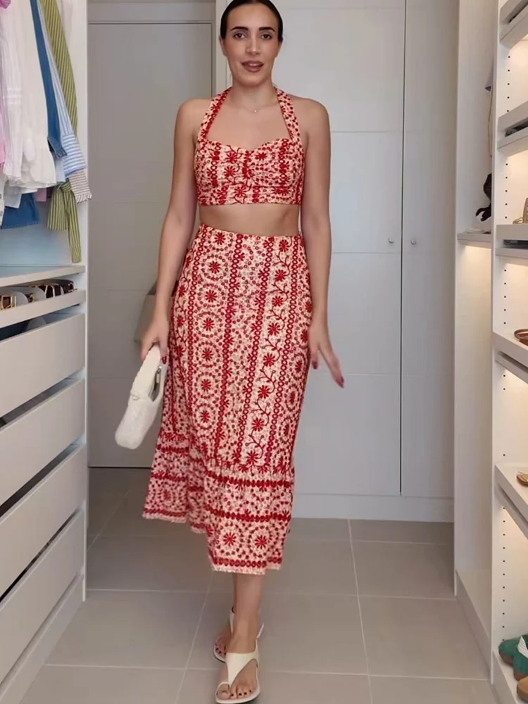 TFMLN Summer Women's Midi Skirt Embroidery Set Fashion Sleeveless Halter Short Top Hollow Out Embroidery Skirt Sets Female New