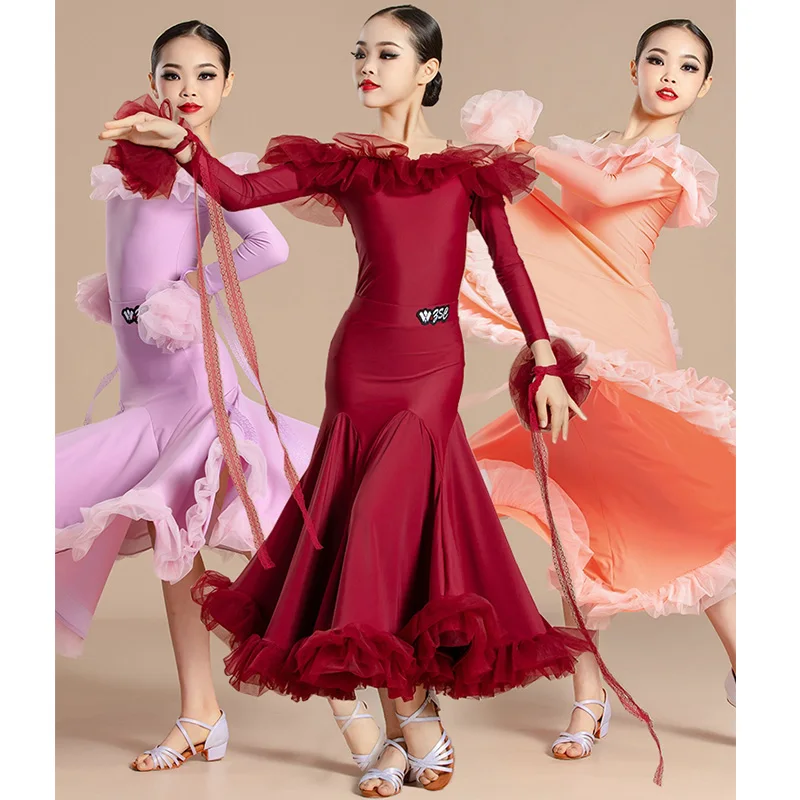 

Off-Shoulder Ballroom Dancing Competition Dress Girls Tango Waltz Dance Costume Children Standard Performance Outfit VDB7972