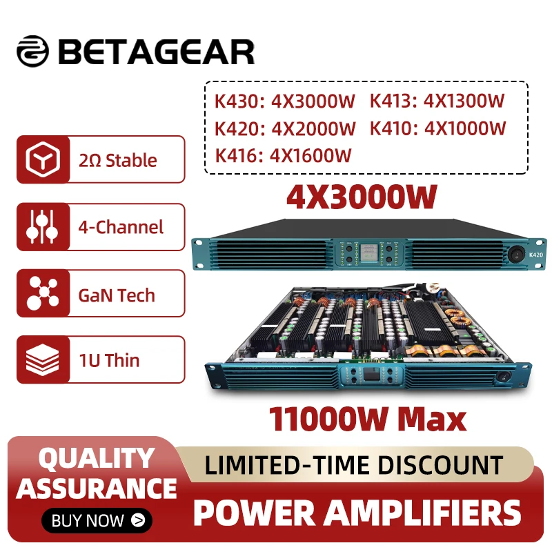 Betagear 4X 3000W Subwoofer Amplifier Aduio Powerful Professional Amps Class D 4-Channel PFC 90V-270V Stable 2&Omega; 11000W Max