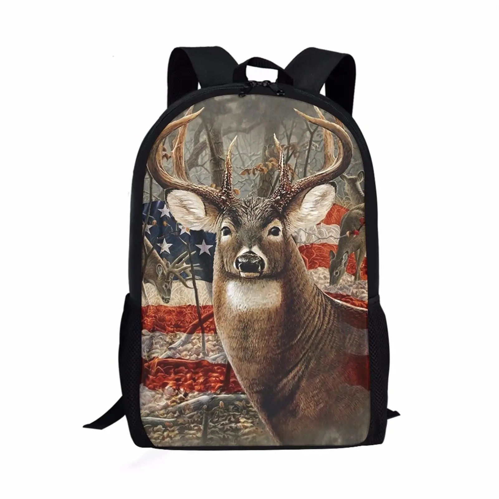 

American Flag with Hunting Deer Shoulder Backpacks Animal Casual Grade Elementary School Kids Daypack Multifunctional Backpack