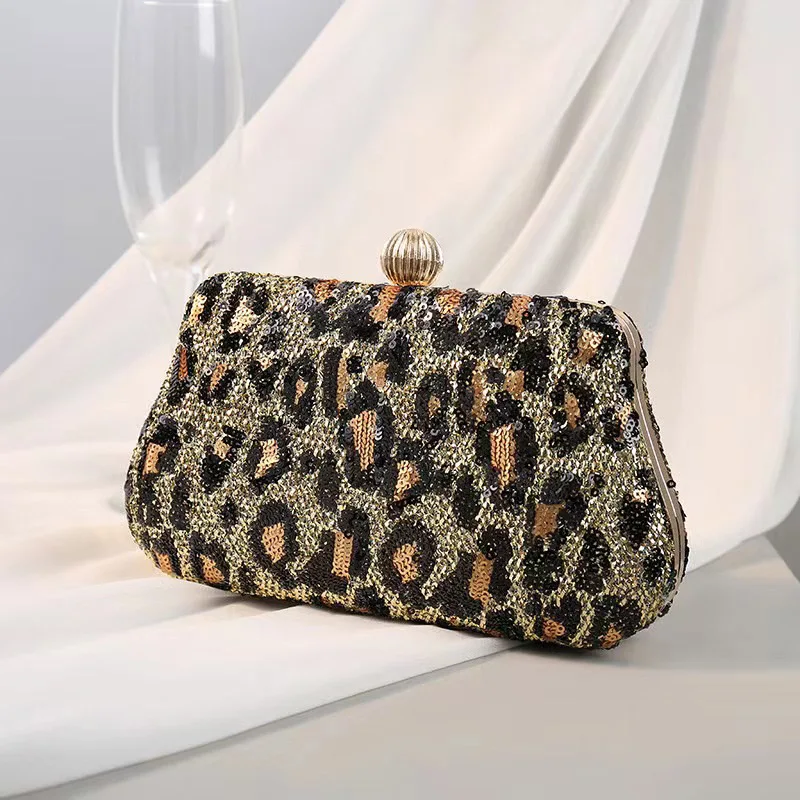 

Lady leopard Clutch purse wallet Women shiny sequins Beaded Shoulder Bag small Handbags vintage Wedding Party evening bags B455