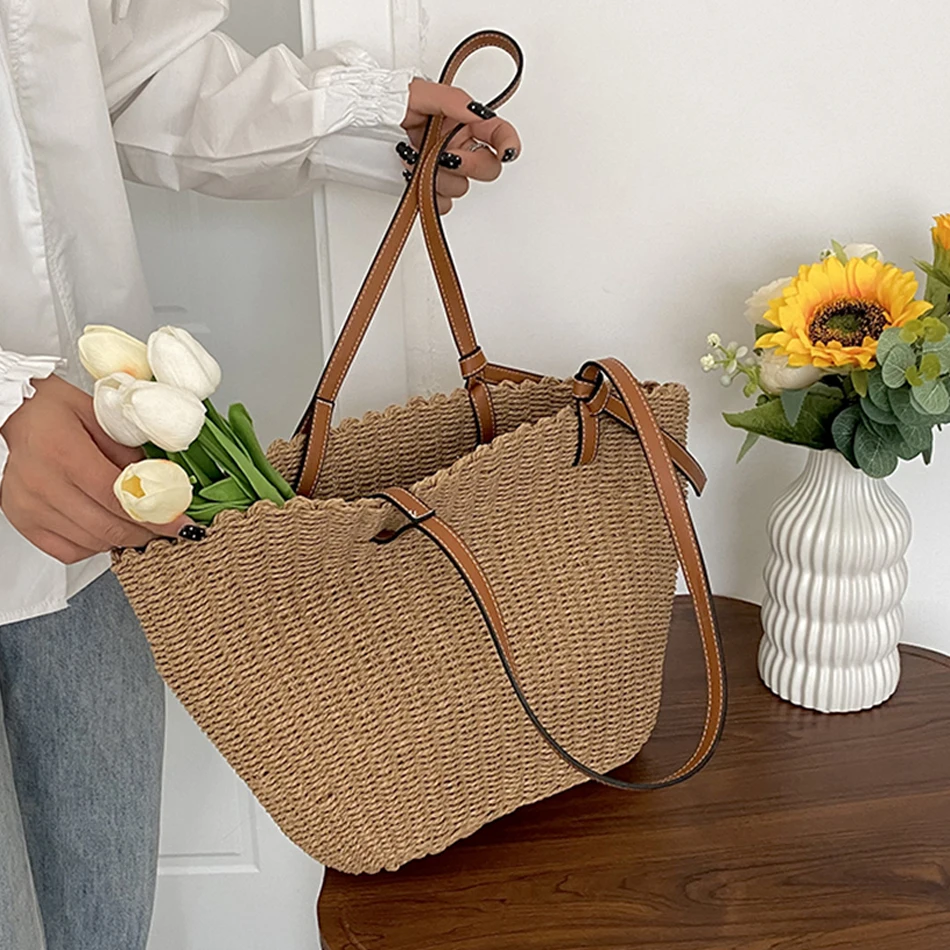 

Women's Luxury Beach Bag Designer Brand Woven Straw Totes 2023 Trend Summer Shopper Shoulder Bags Travel Purses Rattan Handbag