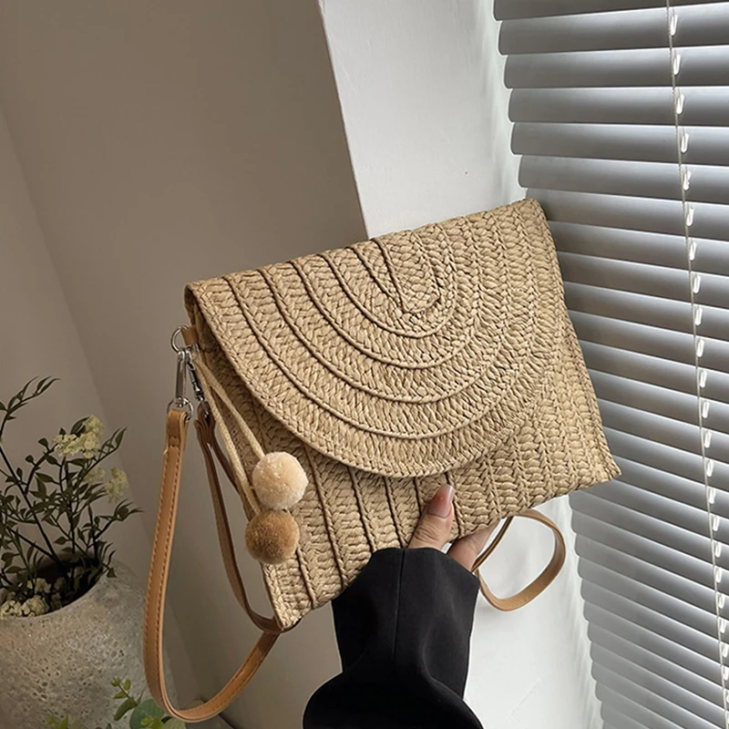 Summer Beach Straw Crossbody Bag with Cute Ball Pendant for Women Casual Wicker Shoulder Clutch Purse Travel Handbag Ladies